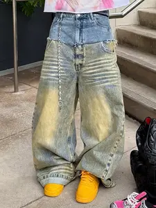 Men's Vintage Patchwork Denim Jeans, High Waist Loose Fit, Multi-Pocket Straight Leg, Casual Ombre Classic Style Streetwear, All Seasons Wear