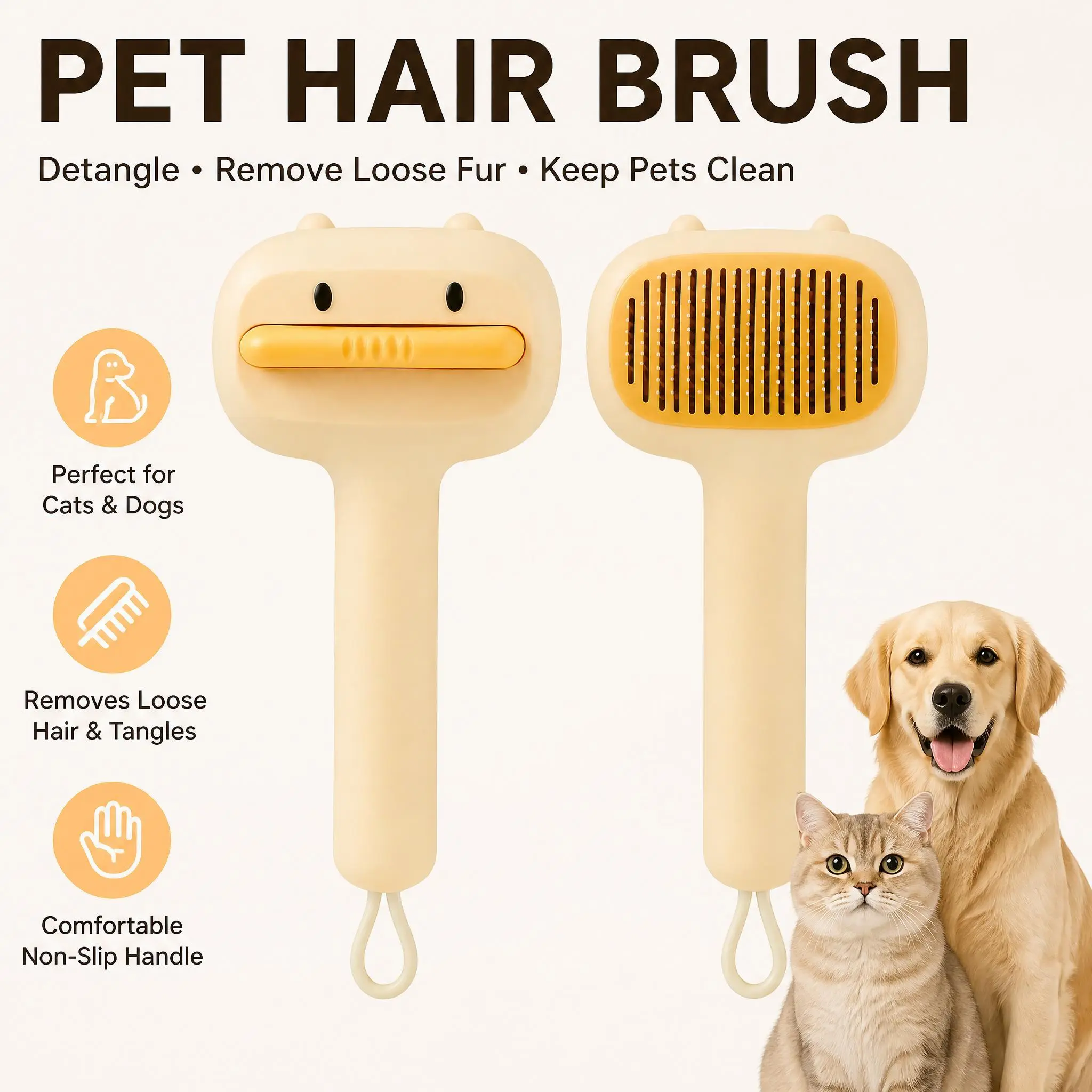 Cute Cartoon Bear Self-Cleaning Pet Hair Brush, Pet Slicker Brush for Cats and Dogs, Removes Loose Fur & Tangles, Comfort Non-Slip Grooming Comb Handle