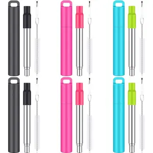 6 Pack Metal  Straw Drinking Collapsible Foldable Stainless Steel Straw with Plastic Case  Tip and Cleaning Brush Long Telescopic Portable Travel Work