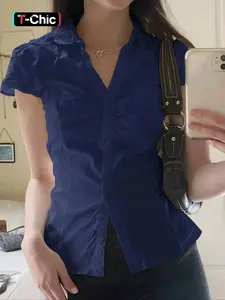 Women's Slim Fit Button Front Shirt, Elegant Casual Solid Color Collared Top with Back Tie, Comfortable Fabric for Spring Summer Fall