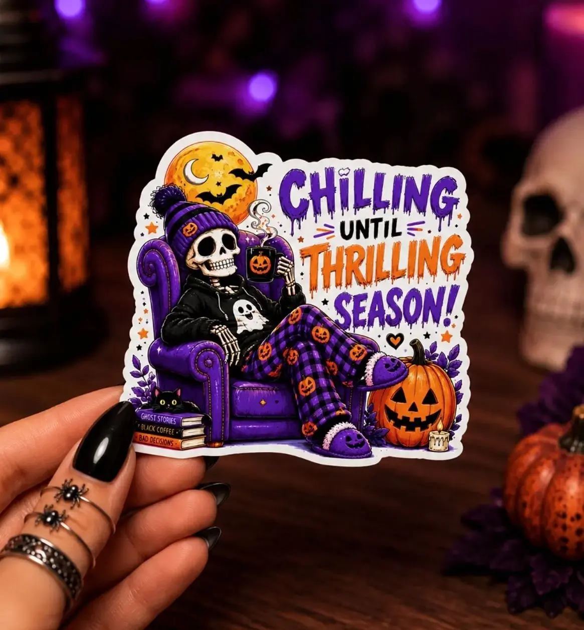 Funny Chilling Until Thrilling Season Halloween Skeleton Sticker, Cars, Trucks, Laptops, Coolers, Toolboxes, Windows & More, Vinyl Sticker