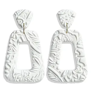 Handmade White Hollow Square Polymer Clay Earrings with Relief Patterns