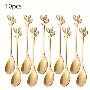 Stainless Steel Coffee Spoon, 10pcs/set Durable Leaf Pattern Dessert Spoon, Durable Coffee Spoon for Home and Restaurant Cafe Use Spoons Set