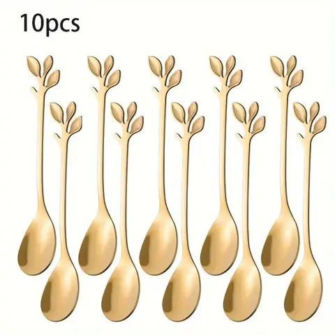 Stainless Steel Coffee Spoon, 10pcs/set Durable Leaf Pattern Dessert Spoon, Durable Coffee Spoon for Home and Restaurant Cafe Use Cutlery Tableware Metal Utensils Spoons Set
