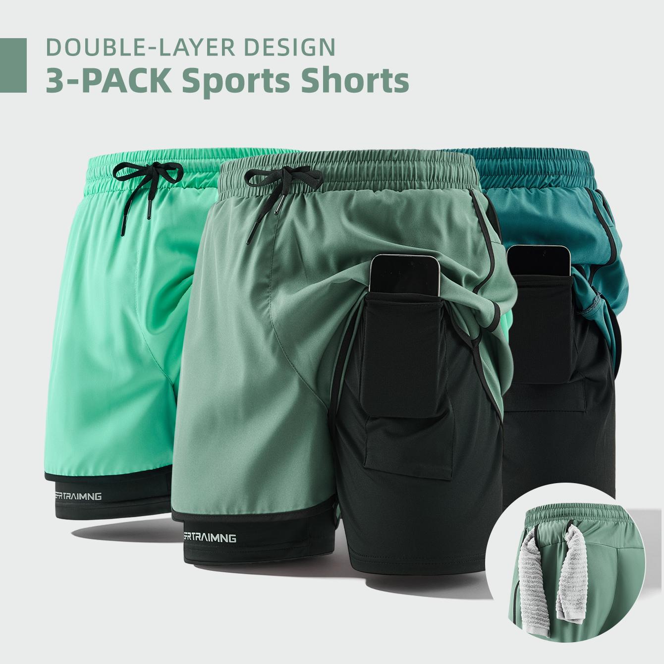 Men’s 3-pack double-layer faux two-piece running shorts with phone pocket and towel loop; quick-drying, breathable, anti-exposure design; lightweight and comfortable; versatile for running, fitness, basketball training, everyday commuting.