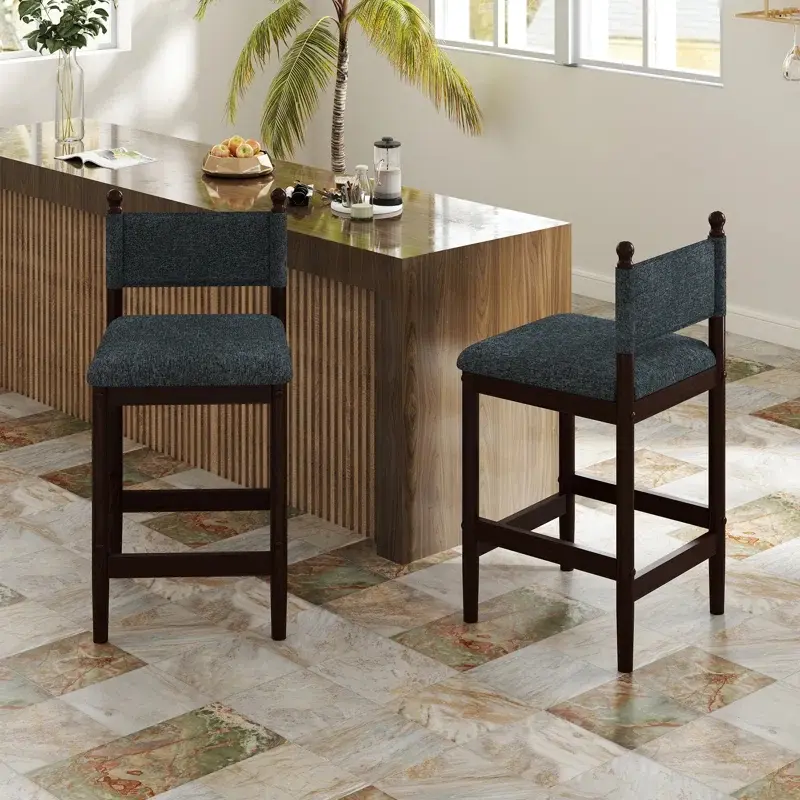 [Summer Sale]EBELLO Modern Linen Upholstered Bar Stools – Set of 2 Counter Height Chairs with Padded Seat and Wood Legs, Low Backrest Kitchen Island Stools for Dining Room or Home Bar