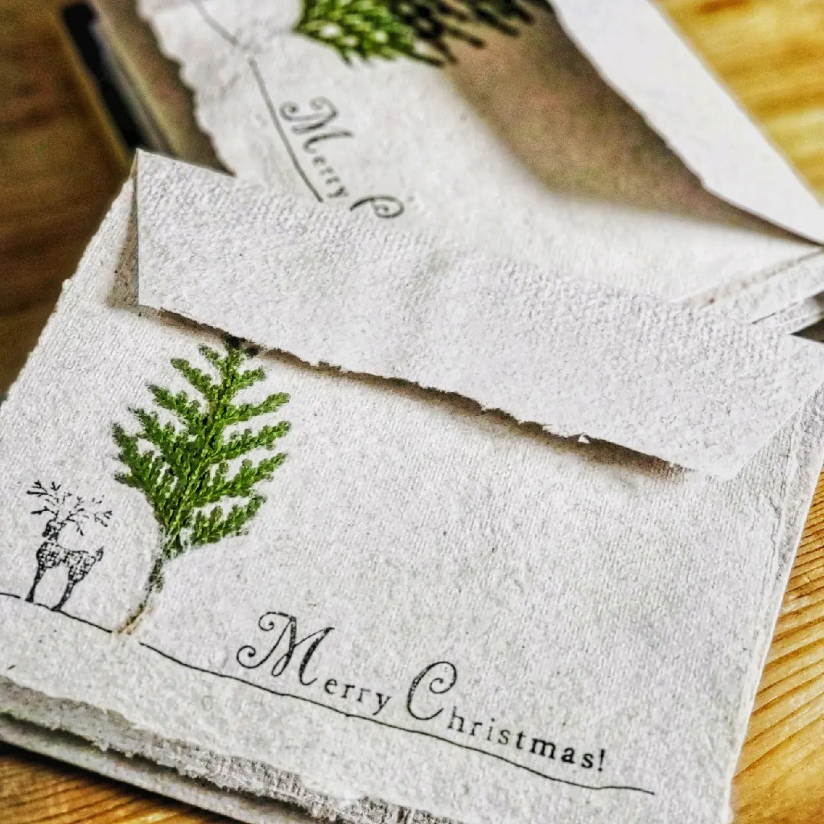 kraft brown handmade recycled paper Christmas card with real cedat tree leaves - set of 6/ kraft envelopes/kraft blank cards/ kraft envelope with folded inserts/rustic cards