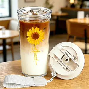 500ML Plastic Water Cup, Blessed Sunflower Cup, Reusable Cold Brew Coffee Cup, BPA-Free Design, Ideal for Daily Use & Hydration