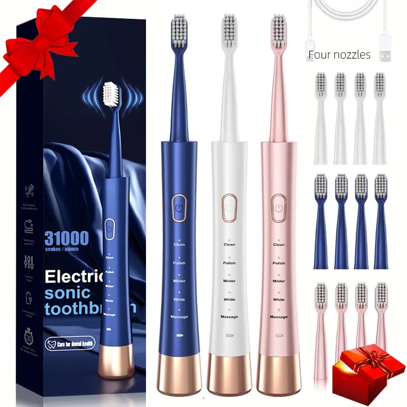 Electric USB Charging Toothbrush, 3 Sets Soft Bristles Toothbrushes & Brush Head & Charging Cable, Intelligent Cleaning Toothbrushes, Gift
