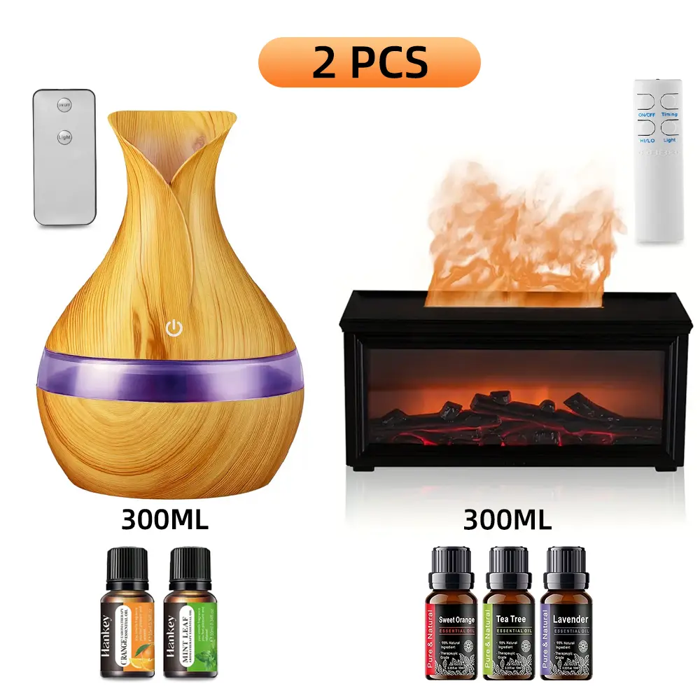 Aromatherapy Diffusers 2-Piece Fireplace & Wood Grain Humidifier Gift Set - 300ml Filterless Desktop Duo, Remote Controlled, 5 Essential Oils, 7 Light Modes, Quiet Operation
