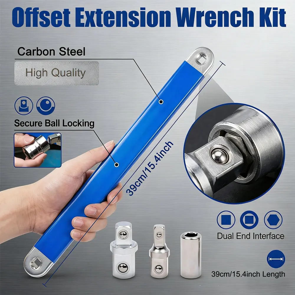 Offset Extension Wrench Kit, 4-Styles Square Drive Adapter Master Set - Universal Impact Socket Ratchet Extensions for Auto Repair & Small Places, Flexible Head Tools for Tight Spaces