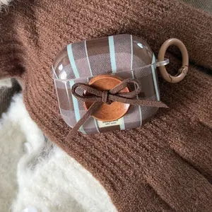 Blue Plaid Raised Button Ring Earphone Case for Apple AirPods Pro 3/2/4/3/2, Fashionable Women's Earphone Cover, Simple Design