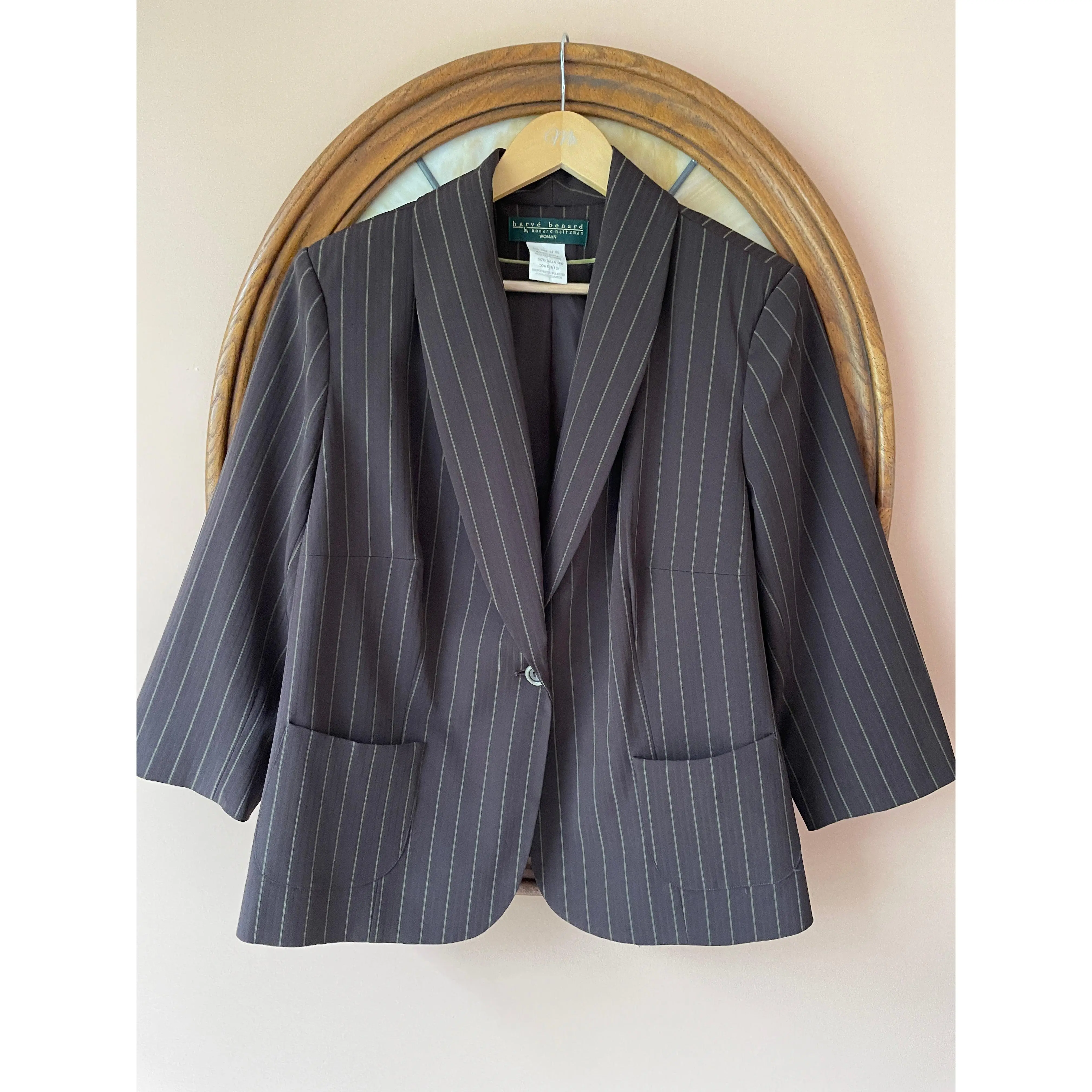 80s Vintage Harve Benard Brown Stripe Poly Rayon Lined Shoulder Padding Tailored Style Jacket X/L