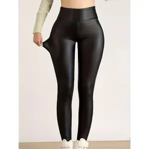 Synthetic Leather| Elastic] High Waist PU Leather Leggings, Women's Fleece Lined