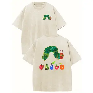 Holafish Acid Wash Vintage "The Very Hungry Caterpillar"Two-Sided Print T-Shirt,Heavyweight Cotton Streetwear graphic vintage tees Menswear Womenswear Crewneck Tshirt Fit