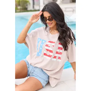 USA Taupe Oversized Graphic Tee