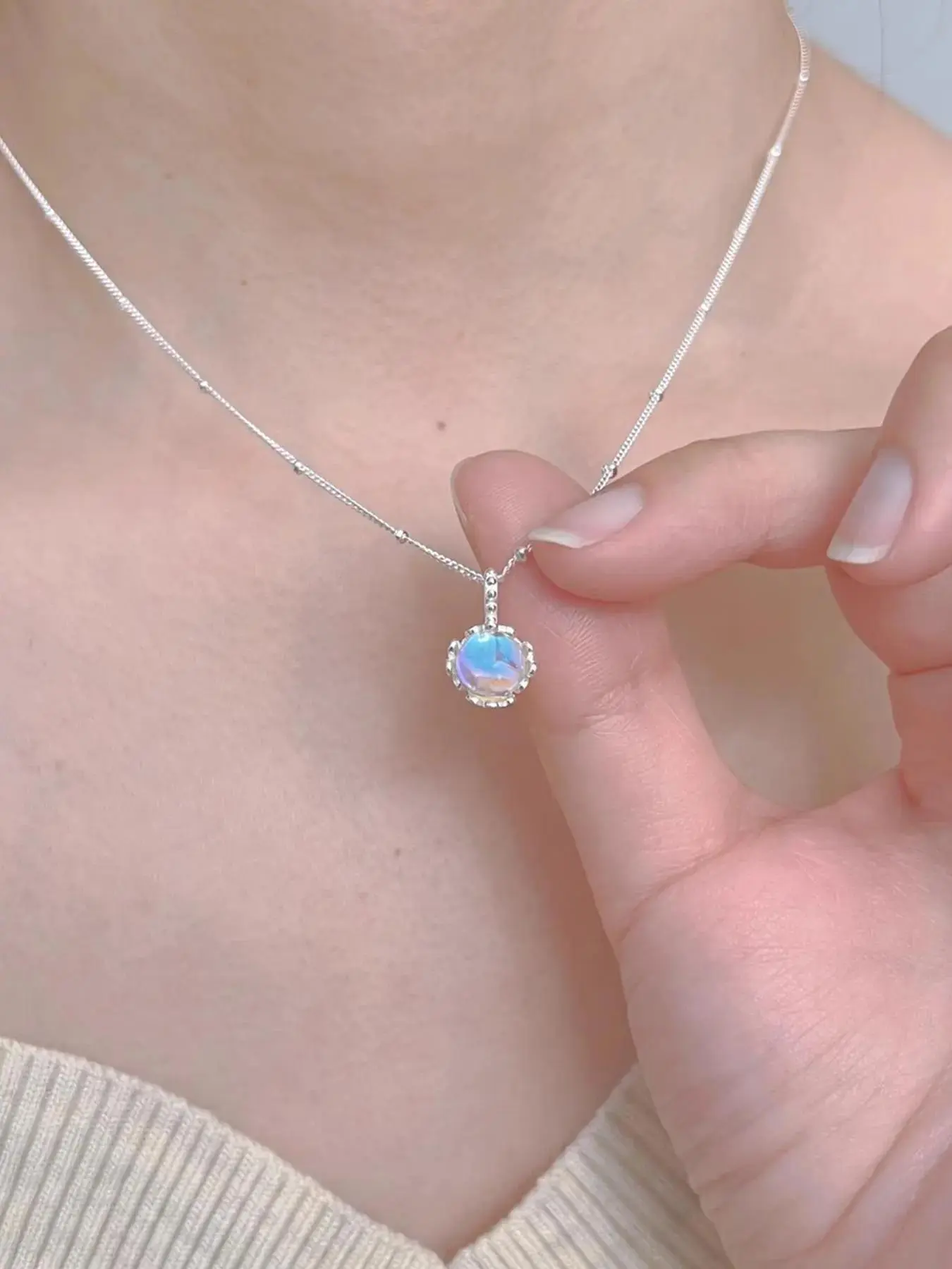 SANEFI S925 Sterling Silver Moonstone Necklace for Women – Elegant Pendant Jewelry