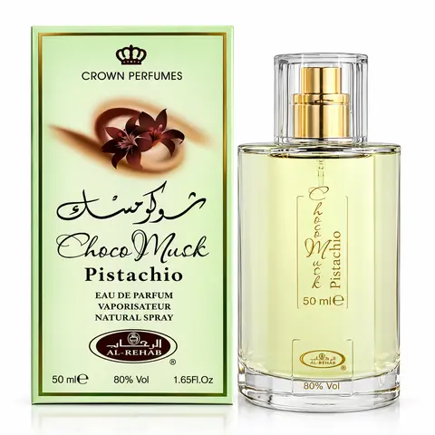 Al-Rehab Choco Musk Pistachio Unisex Eau de Parfum (EDP) - 50ml (1.65 oz) Arabian Adults' Fragrance, Cacao Heart, Amber Base, Chocolate Vanilla Scents, Nutty Gourmand Creamy, Sweet Intensity That Feels Wearable, Long-Lasting Unisex Sweet Musk