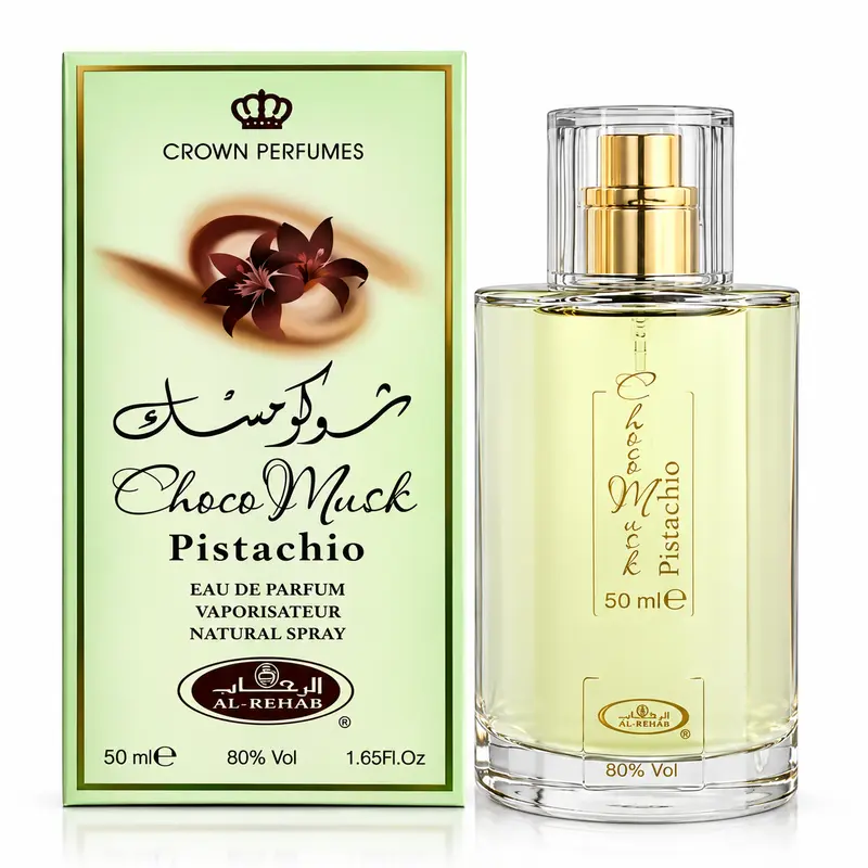 Al-Rehab Choco Musk Pistachio Unisex Eau de Parfum (EDP) - 50ml (1.65 oz) Arabian Adults' Fragrance, Cacao Heart, Amber Base, Chocolate Vanilla Scents, Nutty Gourmand Creamy, Sweet Intensity That Feels Wearable, Long-Lasting Unisex Sweet Musk