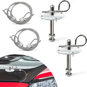 2PCS Hood Pin Kit for Car, Stainless Steel Car Hood Lock Kit with Racing Lanyard, Quick Release Car Hood Cover Latch Hood Pins to Reduce Shaking, Universal Hood Pins Lock Clip Kit (Silver)