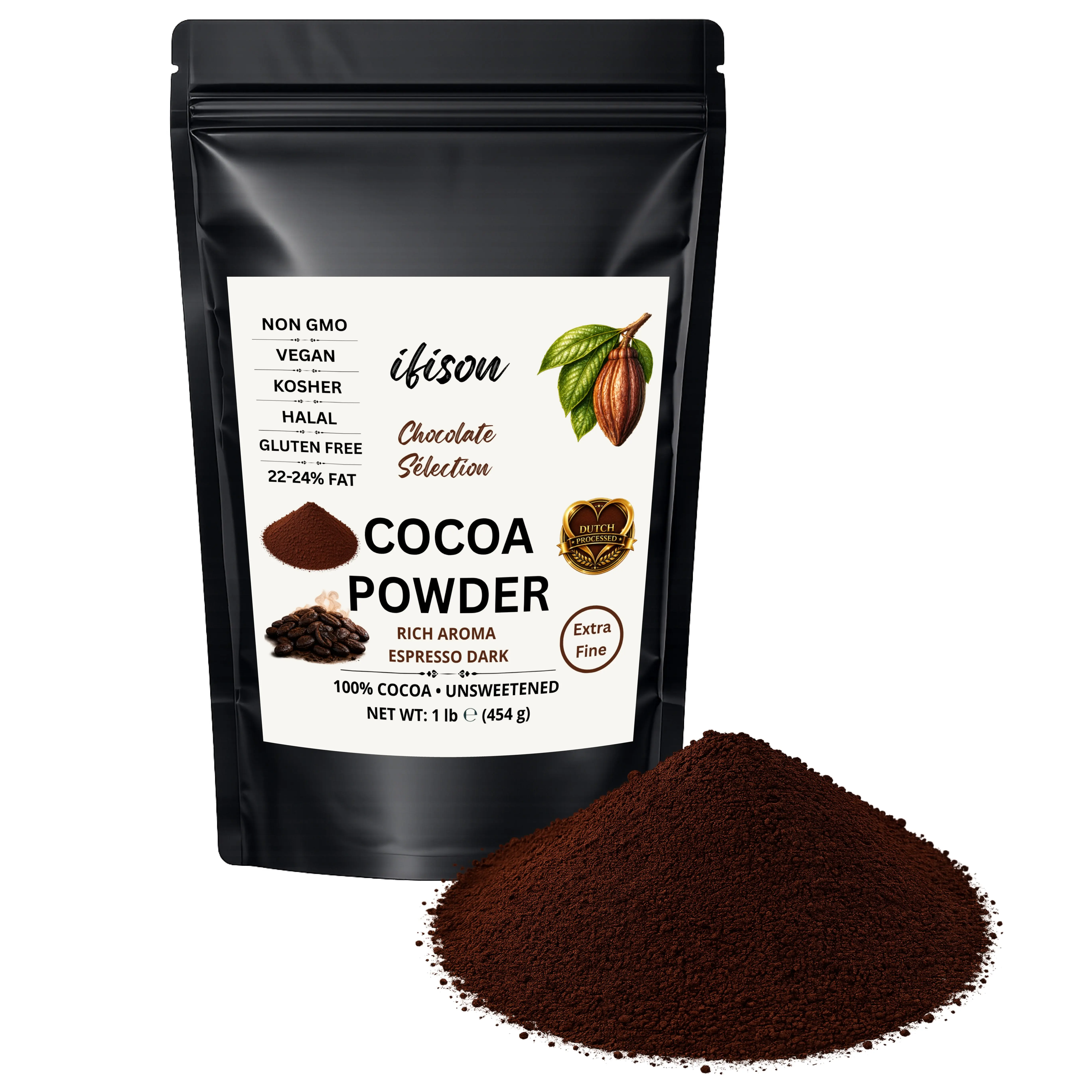 Dutch Processed Cocoa Powder, Unsweetened French Cocoa, Extra Fine, 1 lb (454 g), Premium Rich Dark Chocolate Flavor, Enhanced Chocolate Aroma & Espresso Dark Color, Perfect for Baking, Frostings, Fillings, Hot Chocolate, Ice Creams and Desserts