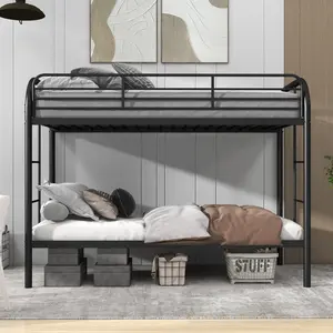 Bunk Bed Twin Over Twin with Ladders and Guardrail,Sturdy Literas Heavy Duty Metal Slats,No Spring Box Required,Black