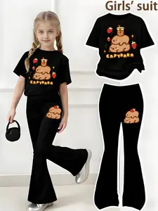 Girls' Capibara and strawberry Print 2-Piece Set, Casual Sporty Short Sleeve & Bell Bottom Pants, Elastic Waist, Spring Summer