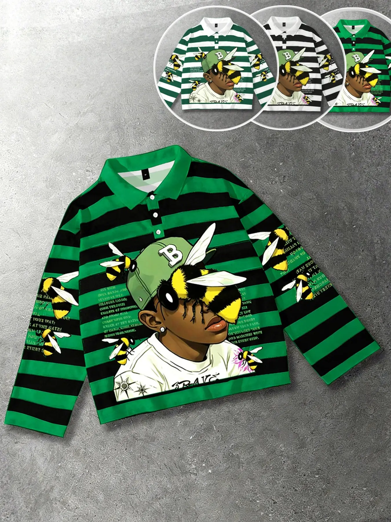 Y2K Style Classic Green, black, and white striped polo long sleeved men's T-shirt with rap bee print pattern and striped polo collar long sleeved shirt, European and American Casual Fit Streetwear unisex aesthetic long T-shirt geometry Streetwear Menswear