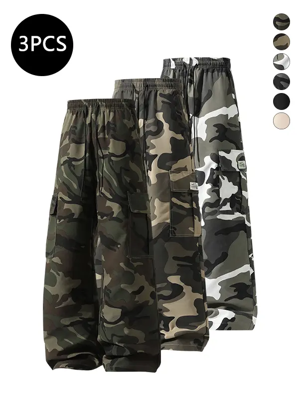 Men’s autumn baggy wide-leg sweatpants — multi-pocket cargo athletic long pants with camouflage print, straight-cut trendy casual design