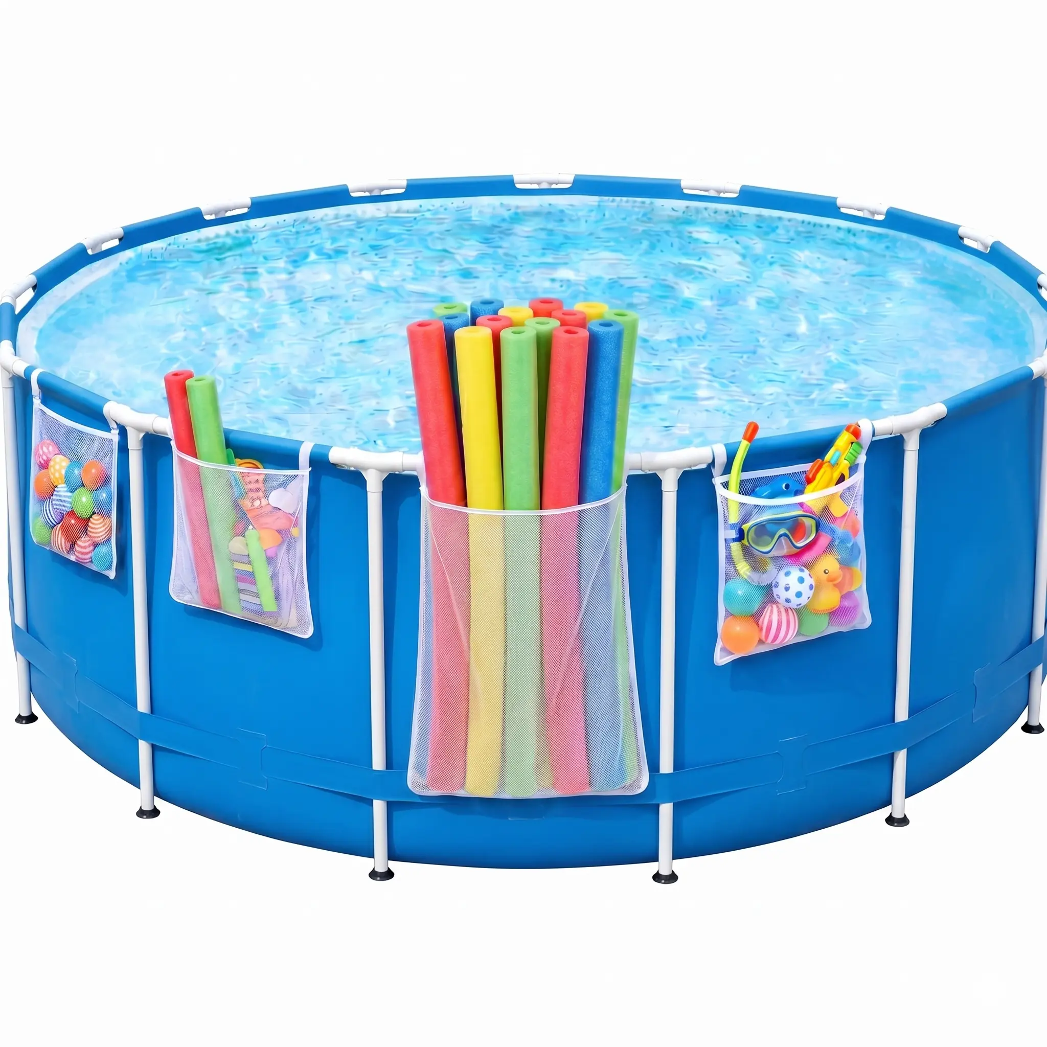 WANCHEL 4-Pack Sporty Poolside Mesh Storage Organiser - 1-Second Patented Install, Adjustable Straps, Above Ground Hexagonal Mesh - Foam Noodle Swimming Equipment Bags for Toys, Floats - Ideal for Pool Owners