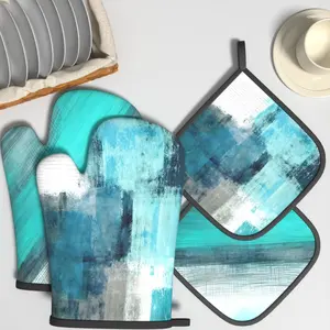 4pcs Heat Resistant Oven Mitts And Potholders Abstract Art Turquoise Oven Mitts And Pot Holders Sets Suitable For Kitchenware, Kitchen Decoration, Cooking, Grilling, Baking And Great Holiday Camping Picnics Gifts