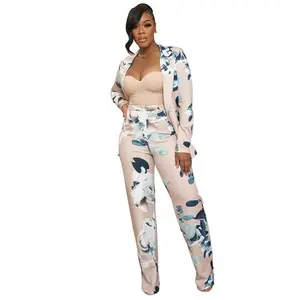 Two-piece Set?Women's Floral Print Belted Blazer & High Waist Pants Suit Set, Elegant Lapel Long Sleeve Outerwear & Straight Leg Trousers Set for Work Office Business, Ladies Spring & Fall Clothes