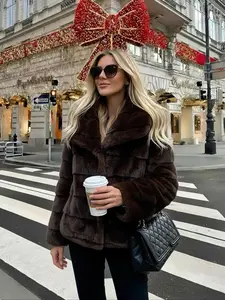 Women's Winter New Faux Fur Jacket Coat, Elegant Long Sleeve Lapel Collar, Vintage Loose Fit Fashion Outerwear