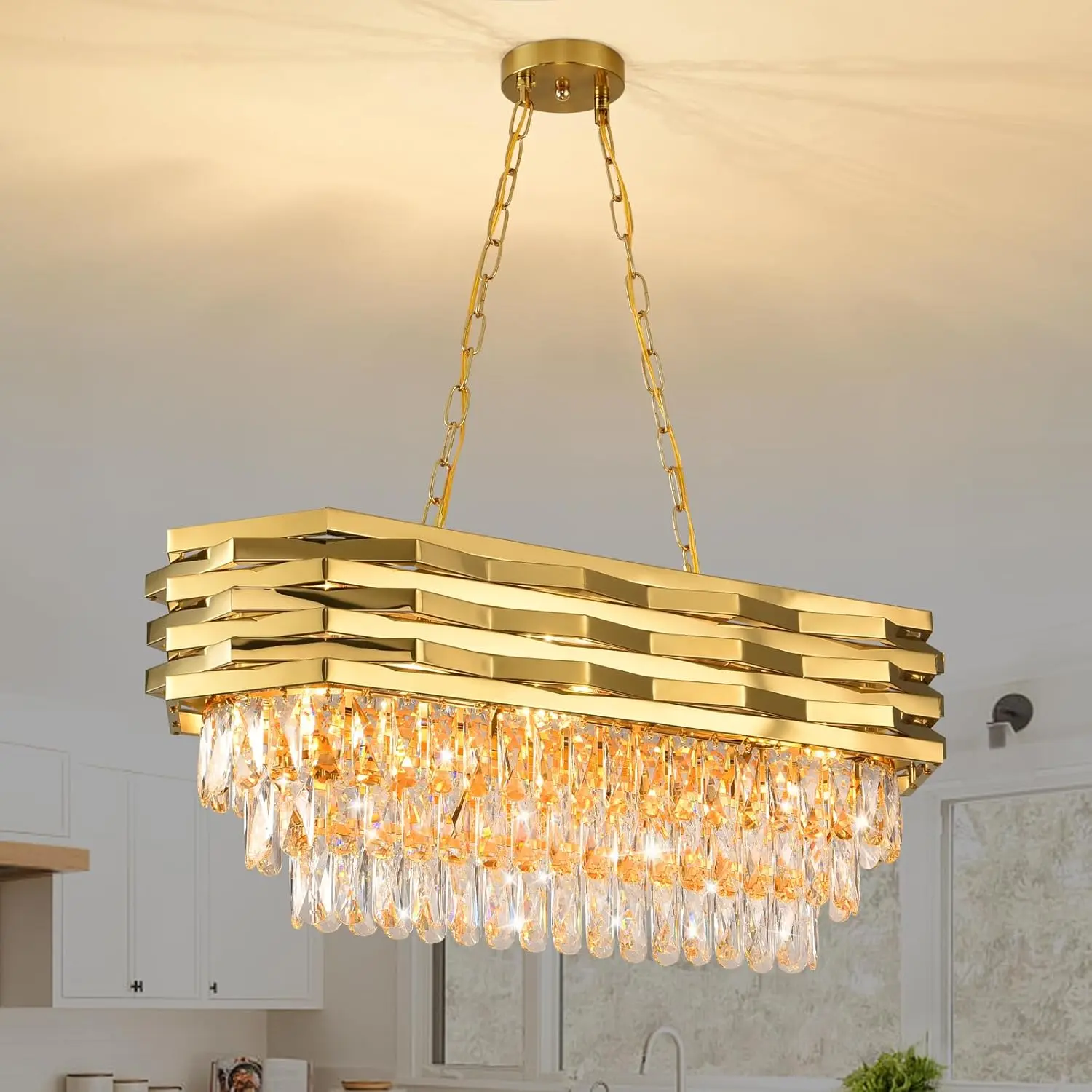Modern Gold Crystal Chandelier, 31.4-Inch Adjustable Oval Linear Pendant Light, E12 Base Fixture for Kitchen Island Dining Room Living Room, Luxury Home Decor, Bulbs Not Included