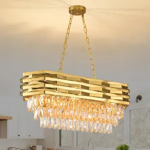 Modern Gold Crystal Chandelier, 31.4-Inch Adjustable Oval Linear Pendant Light, E12 Base Fixture for Kitchen Island Dining Room Living Room, Luxury Home Decor, Bulbs Not Included