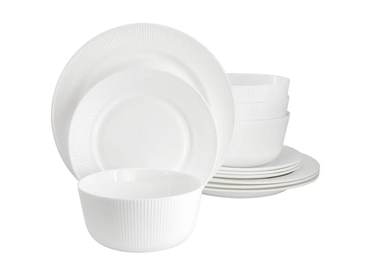 Ultra by Gibson Swanton Stripe 12 Piece Break-Resistant Opal Glass Dinnerware Set in White
