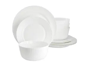 Ultra by Gibson Swanton Stripe 12 Piece Break-Resistant Opal Glass Dinnerware Set in White
