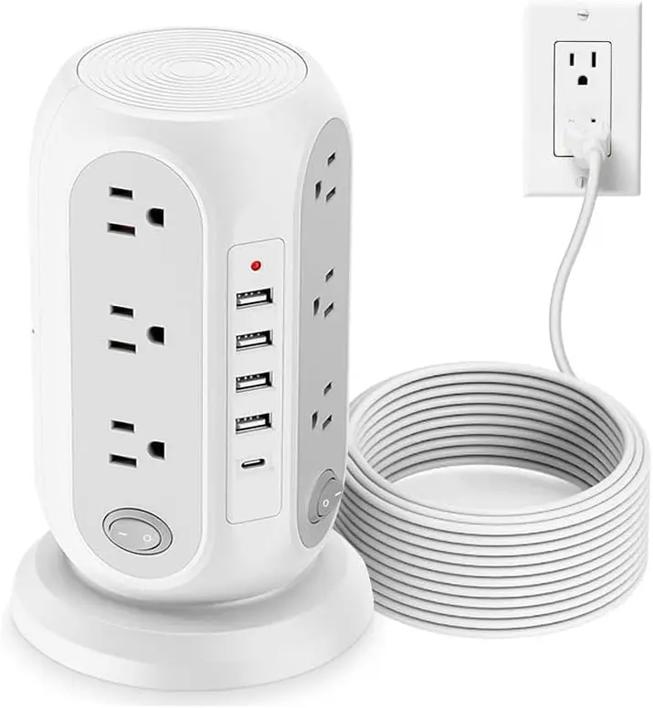 Zoobla - Power Strip Tower with 12 AC Outlets, 4 USB Ports & Type-C Fast Charging, Tabletop Extension Socket with Switch & Surge Protector