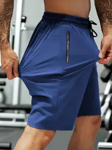 Men's Summer Ice Silk Waist Drawstring Zip Pocket High Elasticity Outdoor Casual Sports Fitness Shorts, Loose-Fitting Fashion Style
