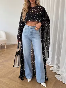 Women Black Polka Dot Sheer Chiffon Kimono Cover Up Oversized Batwing Sleeve Beach Cardigan Lightweight See Through Long Cape Shawl Summer Vacation Outfit Elegant Resort Wear Layering Top Casual Streetwear Fashion