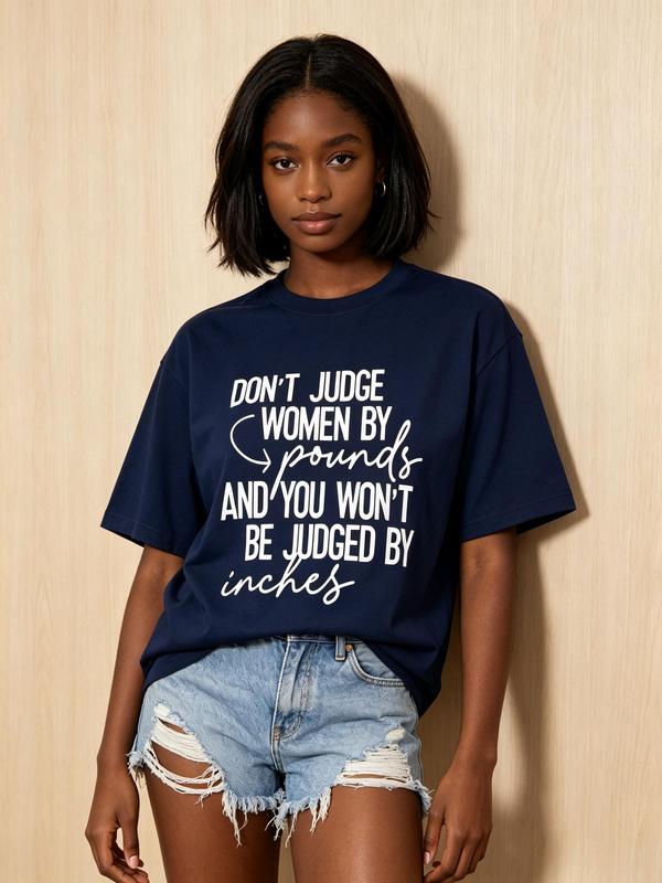 Women's Plus Size Oversized Crew Neck Pure Cotton T-Shirt - Breathable Short Sleeve, Boho Cute, Body Positive Sarcastic "Don't Judge by Pounds" Graphic Print Top
