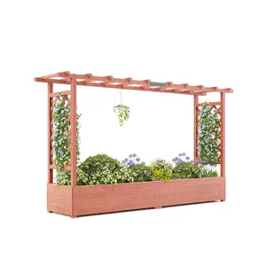 Elevated Wooden Garden Planter with Arch Trellis, Raised Bed with Hanging Roof & Side Trellis for Climbing Plants 79x17x45 in