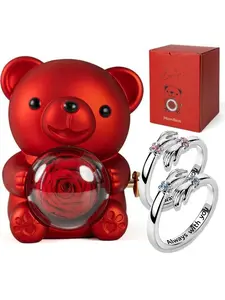 Romantic Couple Hug Ring Gift Box Set, Couple Rings, Rose Bear Box, Perfect Gift for Girlfriend, Wife, Birthday, Christmas, Anniversary, Valentine's Day