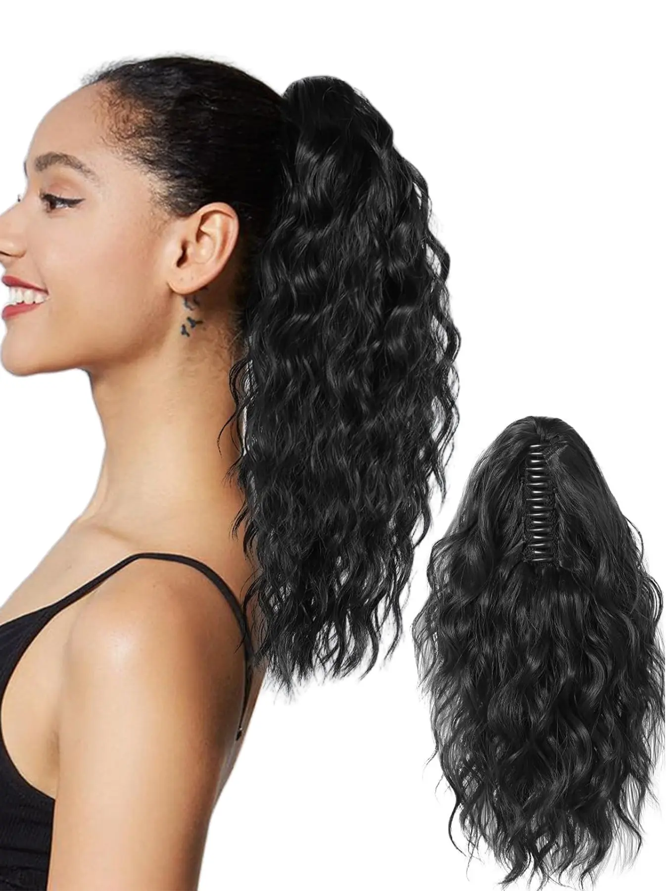 16 Inch Black Long Body Wavy Ponytail Extension with Hair Claw, Synthetic Wavy Curly Hair Extensions for Women, Gorgeous Fluffy Synthetic Clip Hairpiece, Wavy Hairpieces, Synthetic Hair Pieces for Daily & Party Hairstyle Ideas