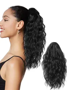 16 Inch Black Long Body Wavy Ponytail Extension with Hair Claw, Synthetic Wavy Curly Hair Extensions for Women, Gorgeous Fluffy Synthetic Clip Hairpiece, Wavy Hairpieces, Synthetic Hair Pieces for Daily & Party Hairstyle Ideas