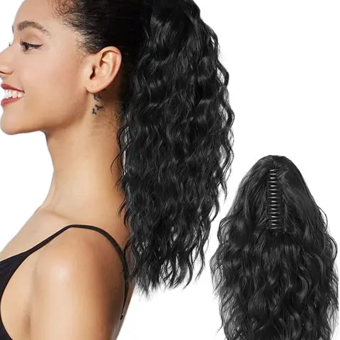 16 Inch Black Long Body Wavy Ponytail Extension with Hair Claw, Synthetic Wavy Curly Hair Extensions for Women, Gorgeous Fluffy Synthetic Clip Hairpiece, Wavy Hairpieces, Synthetic Hair Pieces for Daily & Party Hairstyle Ideas