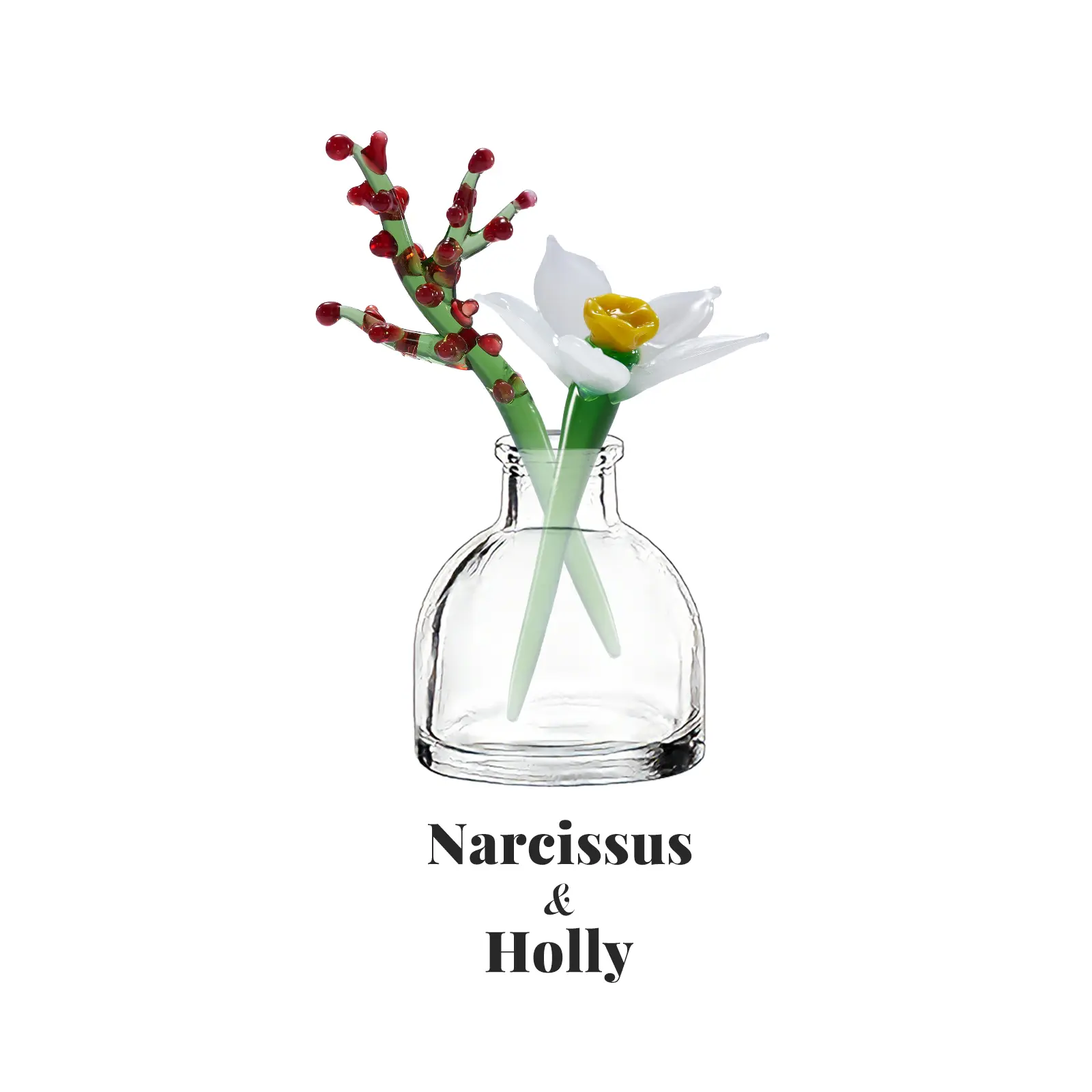 December Birth Flower Glass Paperwhite Narcissus & Holly Set with Mini Vase, Handmade 2 Flowers + 1 Vase Forever Floral Arrangement, December Birthday Gift for Her, Mom, Wife, Sister, Unique Gift for Women, Christmas Desk Shelf Decor