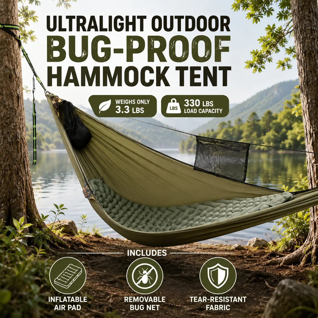 Night Cat Hammock with Mosquito Net: Portable Kit with Sleeping Pad for Solo Camping Durable Nylon Compact Lightweight Spacious 11ft Hammock for Backpacking Hiking Travel Yard and Outdoor Activities