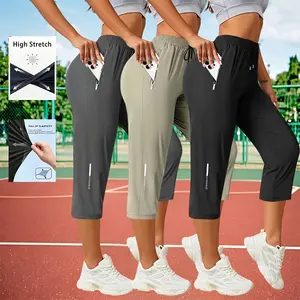 Women's Capris Pants - Loose Fit, Summer Drawstring Waist, Zippered Pockets, Breathable High-Stretch Fabric, Suitable for Everyday Wear, Women's Clothes, Ladies' Clothing