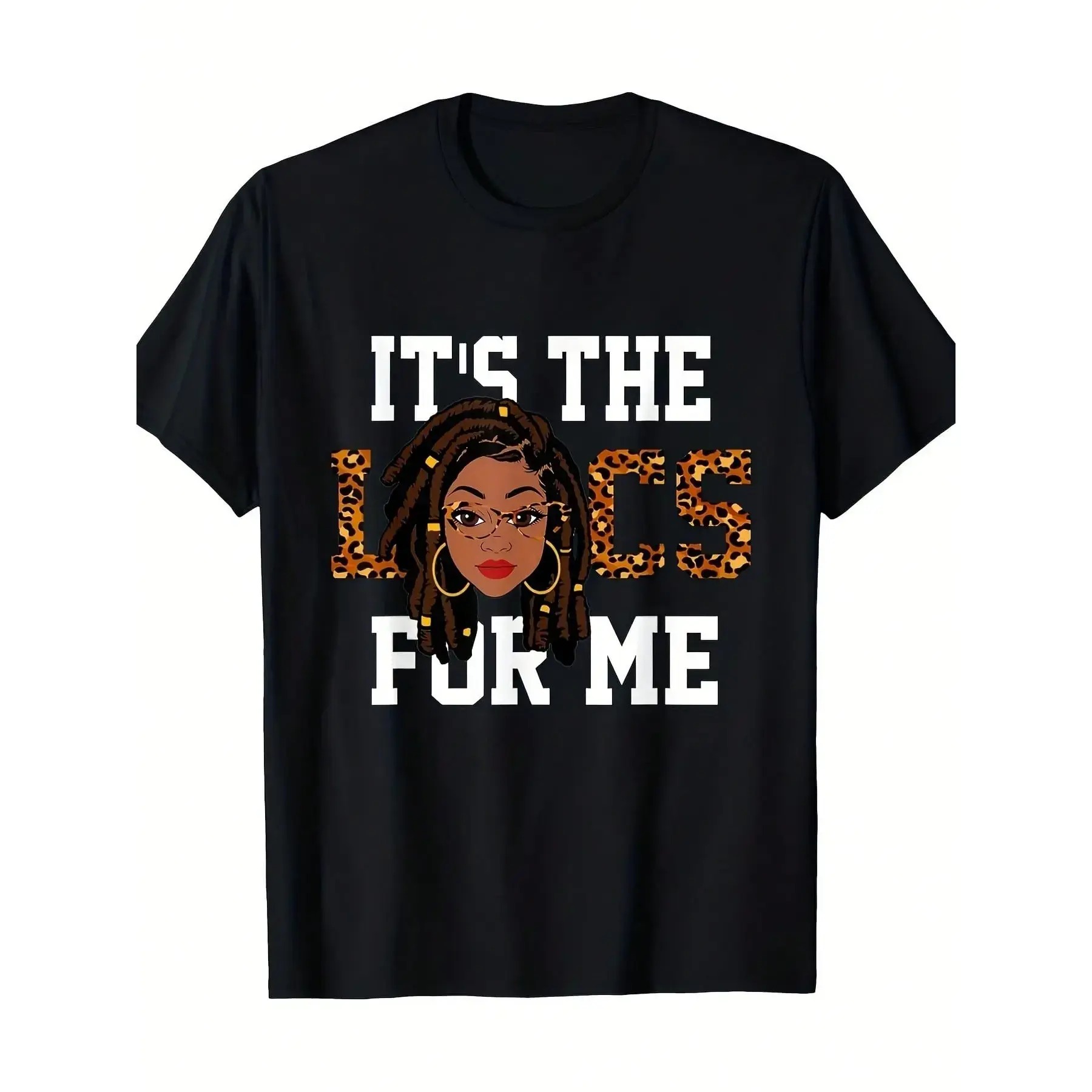 Women's African Pride "It's The Locs For Me" Dreadlock & Leopard Print Graphic Shortleeve Cotton T-Shirt - Comfy Casual Fit Top, Round Neck, Slight Stretch, Dreadlock Culture Apparel, 1-Piece Christmas/Halloween Gift